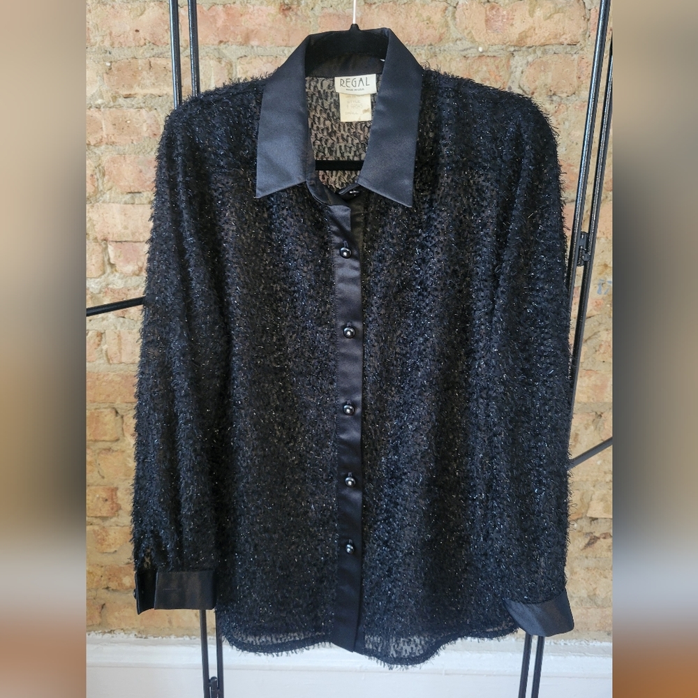🐦‍⬛ Vintage Regal Sparkle Textured Button Down - Satin Collar - Made in USA